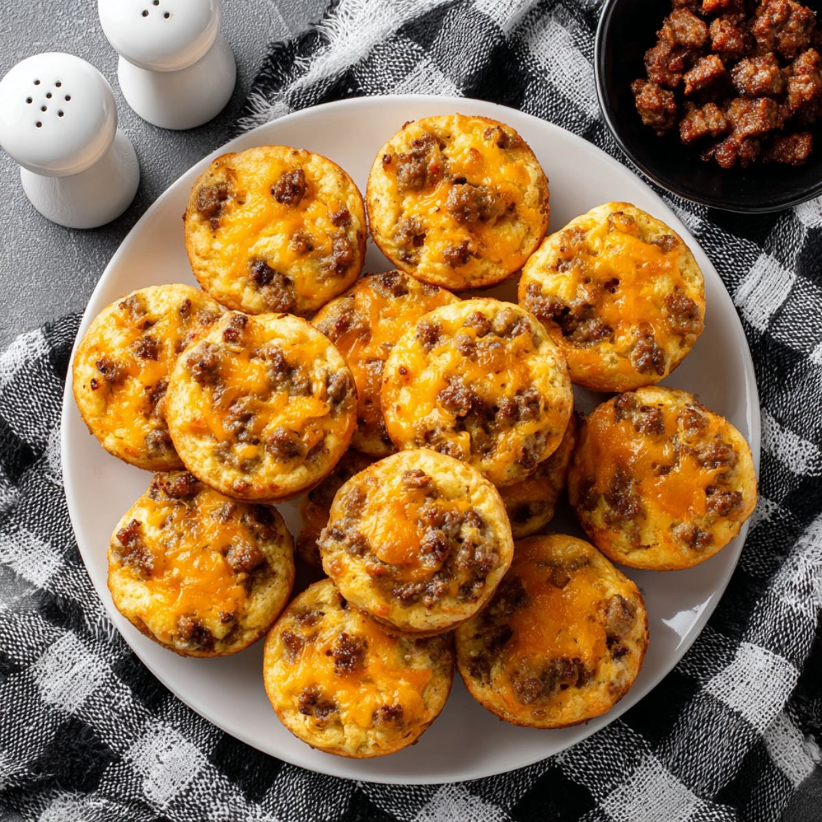 Plate of breakfast egg muffins with scrambled eggs, crumbled breakfast sausage, and melted cheddar cheese baked in muffin cups, served alongside a bowl of cooked sausage crumbles