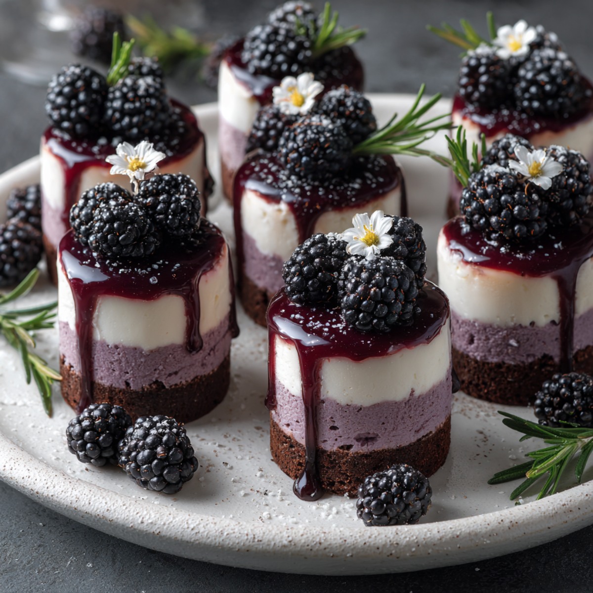 Mini layered desserts on a speckled white plate, each with a chocolate brownie base, purple berry mousse layer, white cream layer, dark berry drizzle cascading down the sides, and topped with fresh blackberries, small white flowers, and rosemary sprigs.