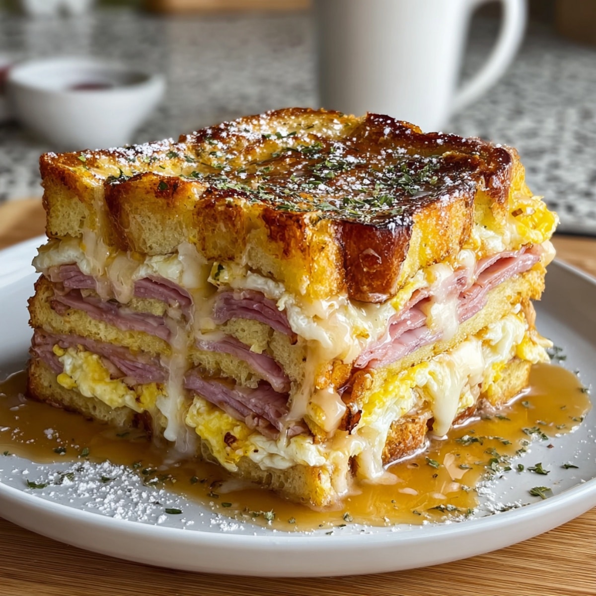 Easy Monte Cristo breakfast casserole with layers of golden toasted bread, ham, fluffy eggs, and melted cheese, drizzled with sweet syrup on a white plate.