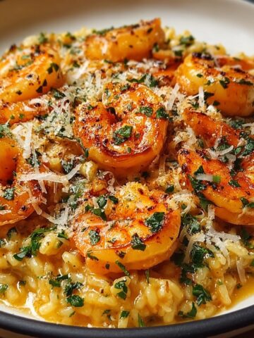 A close-up view of a savory seafood dish featuring creamy, yellow-hued orzo pasta. The pasta is topped with several golden-seared shrimp and garnished with grated parmesan cheese and chopped fresh parsley.