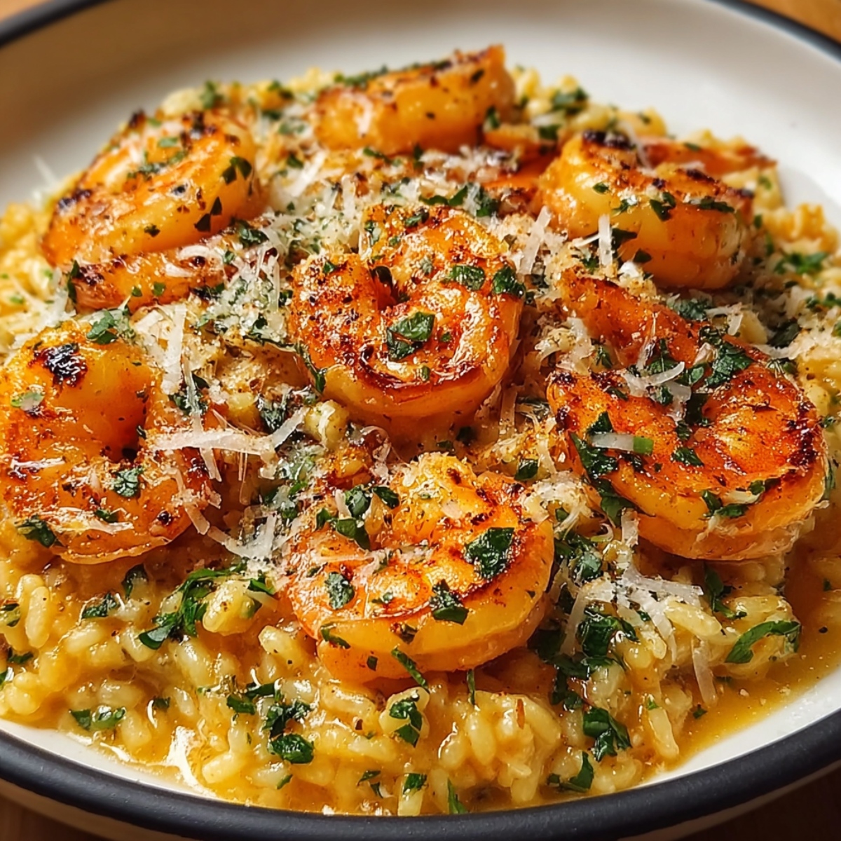 A close-up view of a savory seafood dish featuring creamy, yellow-hued orzo pasta. The pasta is topped with several golden-seared shrimp and garnished with grated parmesan cheese and chopped fresh parsley.