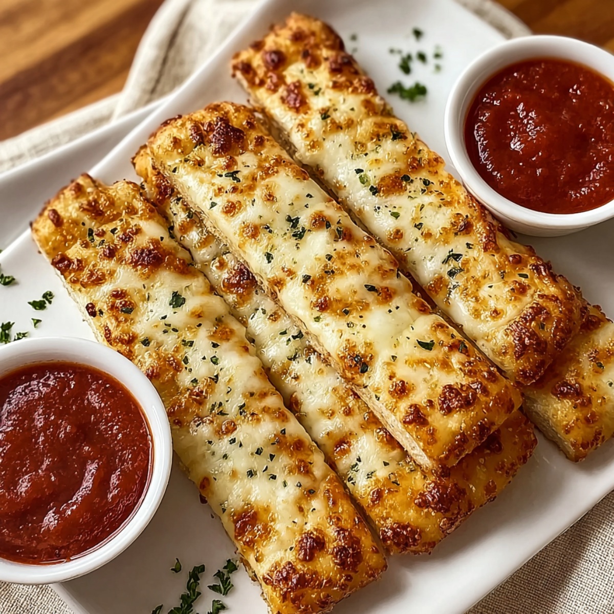 An overhead, angled view of a rectangular platter serving golden-baked cheese sticks. Two small bowls of red marinara sauce are placed on opposite corners of the platter, and the dish is garnished with chopped parsley.