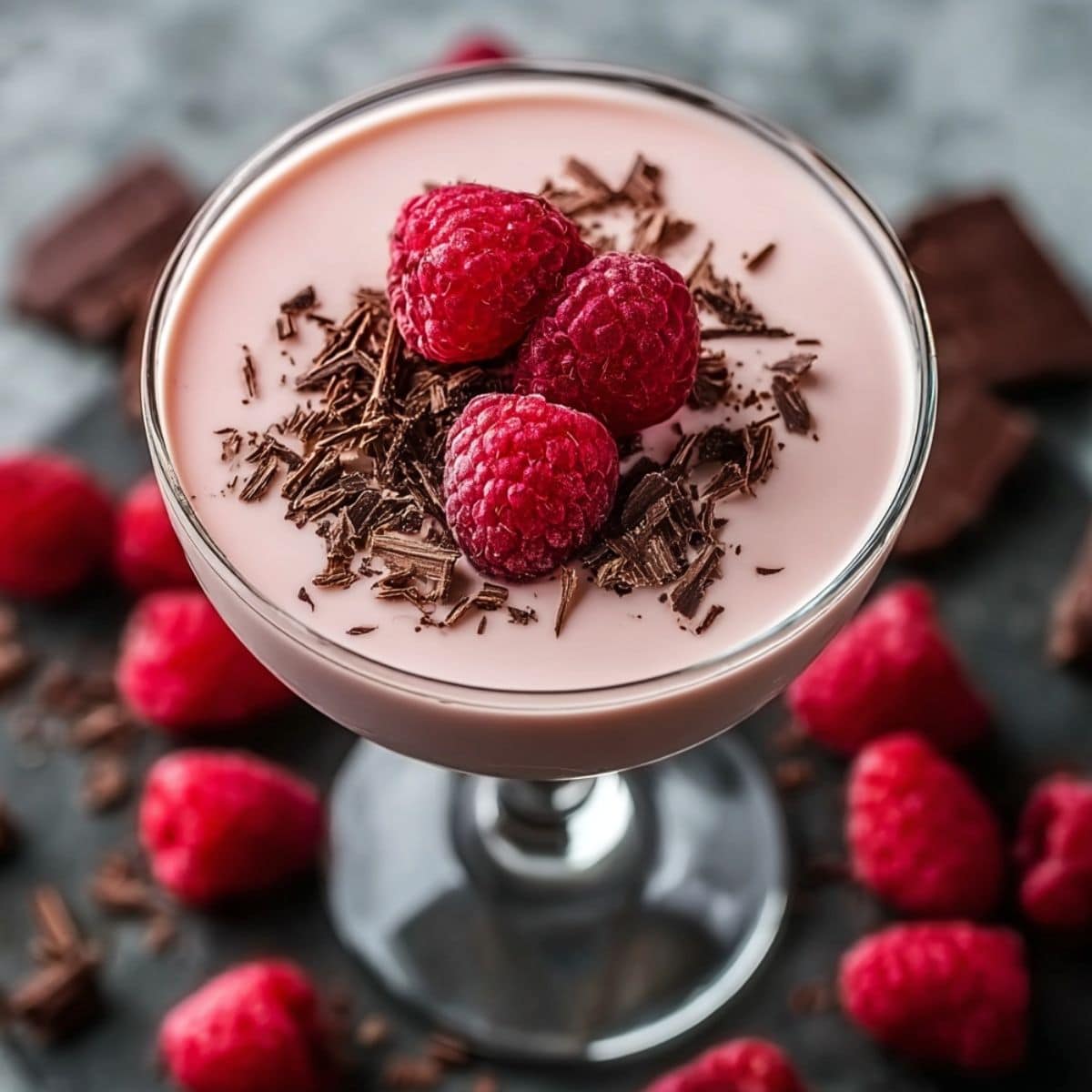 Raspberry Irish cream martini in a coupe glass, topped with fresh raspberries and dark chocolate shavings, with chocolate pieces and raspberries on a dark background.