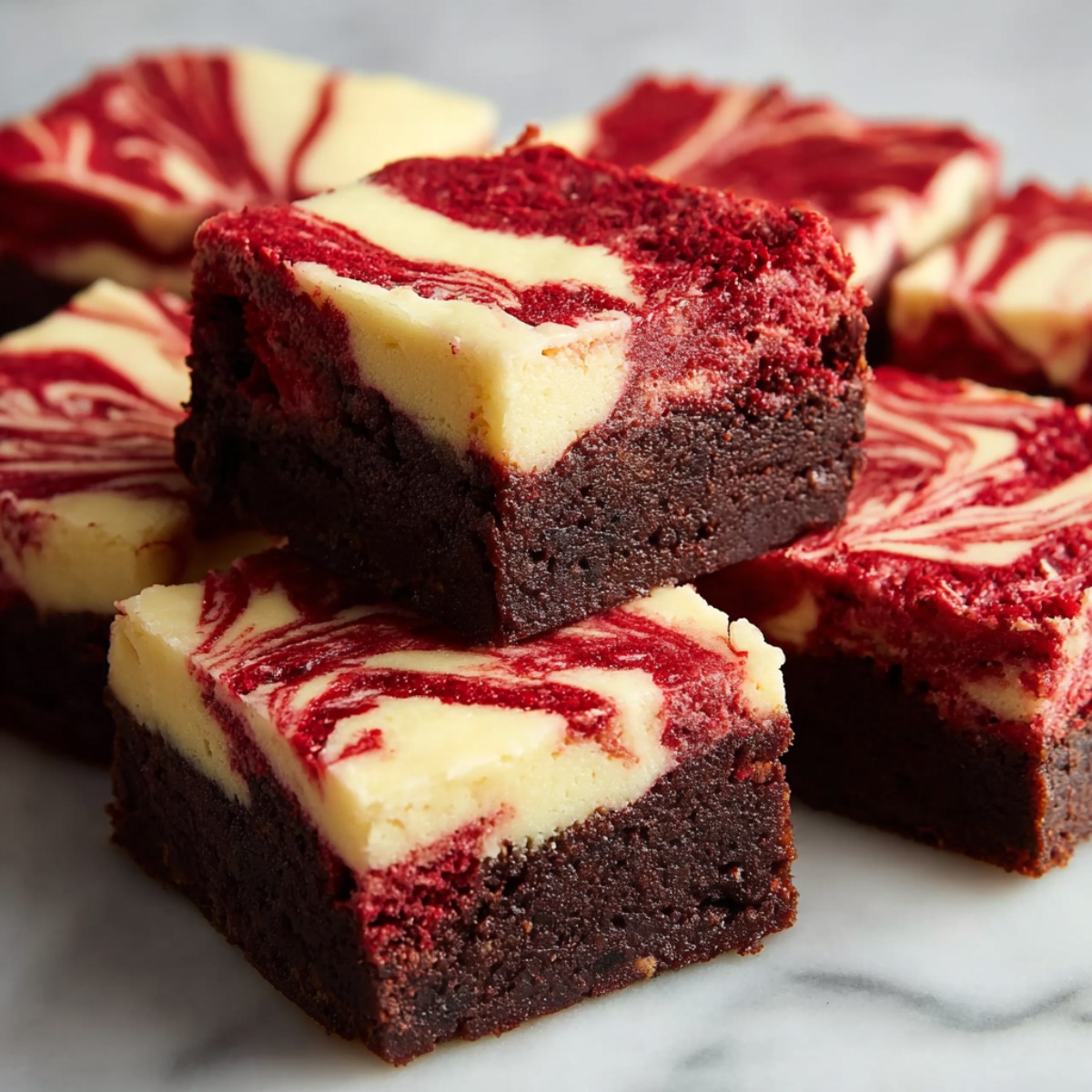 A close-up, slightly eye-level view of a batch of dessert bars. Two red velvet cheesecake brownies are stacked in the foreground, highlighting the distinct texture difference between the dense, dark brownie bottom and the smooth cheesecake topping with bold red swirls. Additional brownies are arranged behind the main stack on a marble counter.