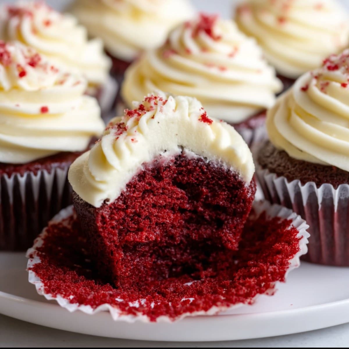 Easy red velvet cupcakes with cream cheese frosting and moist red crumb interior