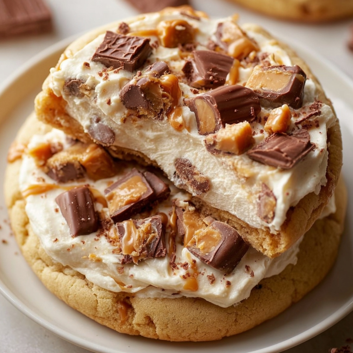 Easy Reese's cheesecake cookie delight with soft peanut butter cookies layered with fluffy cheesecake frosting, topped with chopped Reese's peanut butter cups, caramel drizzle, and chocolate shavings, stacked on a white plate