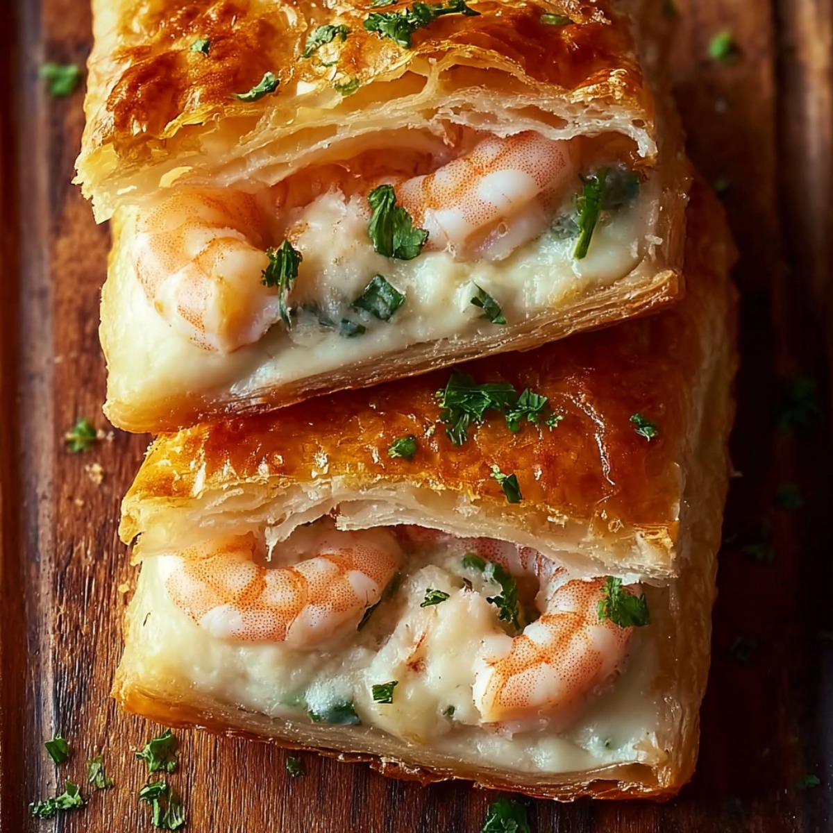 Two stacked golden puff pastry squares on a wooden board, each filled with plump shrimp and creamy crab mixture garnished with fresh parsley, showing flaky layers and melted cheese oozing from the sides.