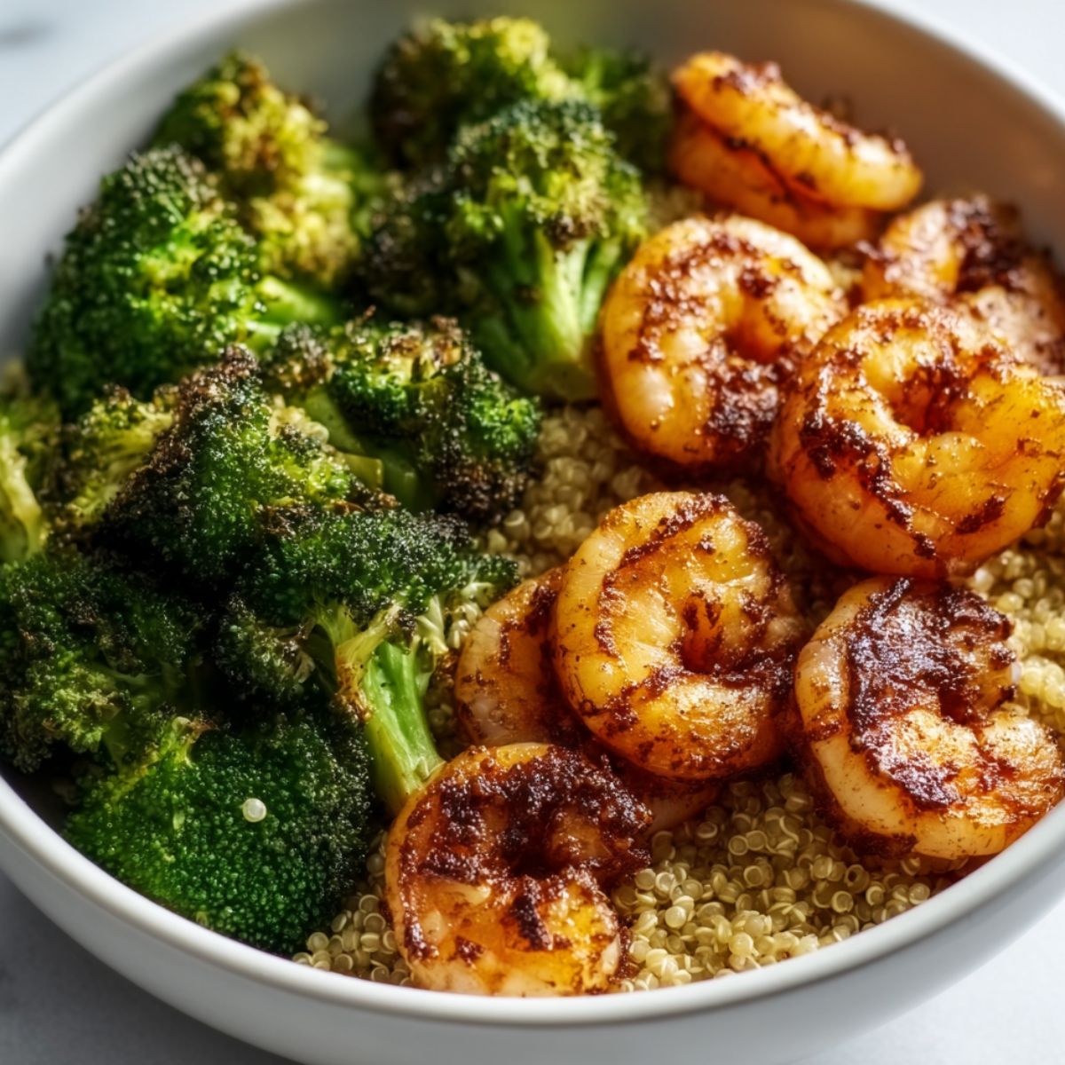Easy shrimp quinoa bowl with seasoned pan-seared shrimp, fluffy quinoa, and roasted broccoli florets served in a white bowl.