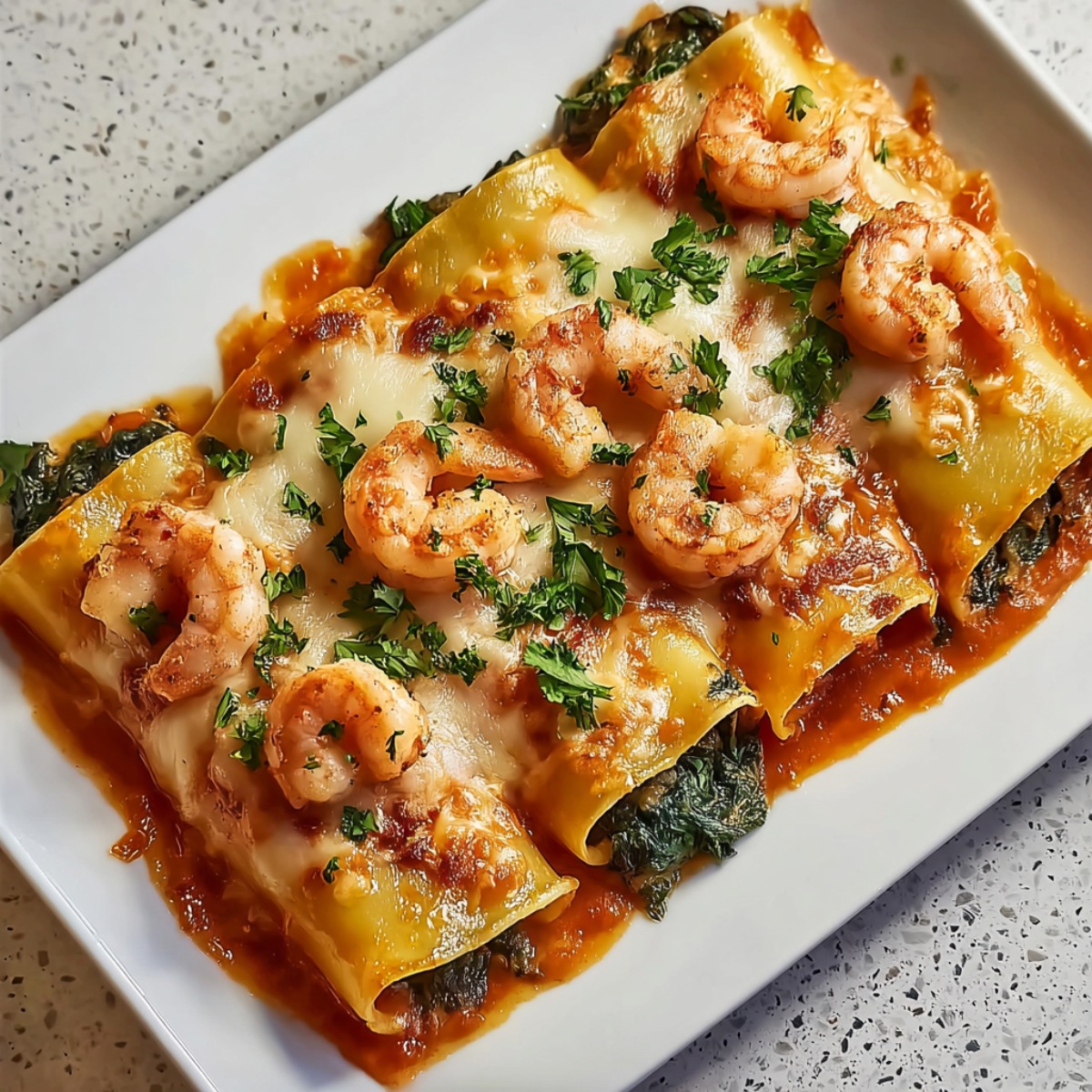 An overhead, angled view of a white rectangular platter holding several baked lasagna rolls. The rolls are filled with spinach, covered in melted cheese, and topped with seasoned shrimp, all resting in a bed of red tomato sauce.