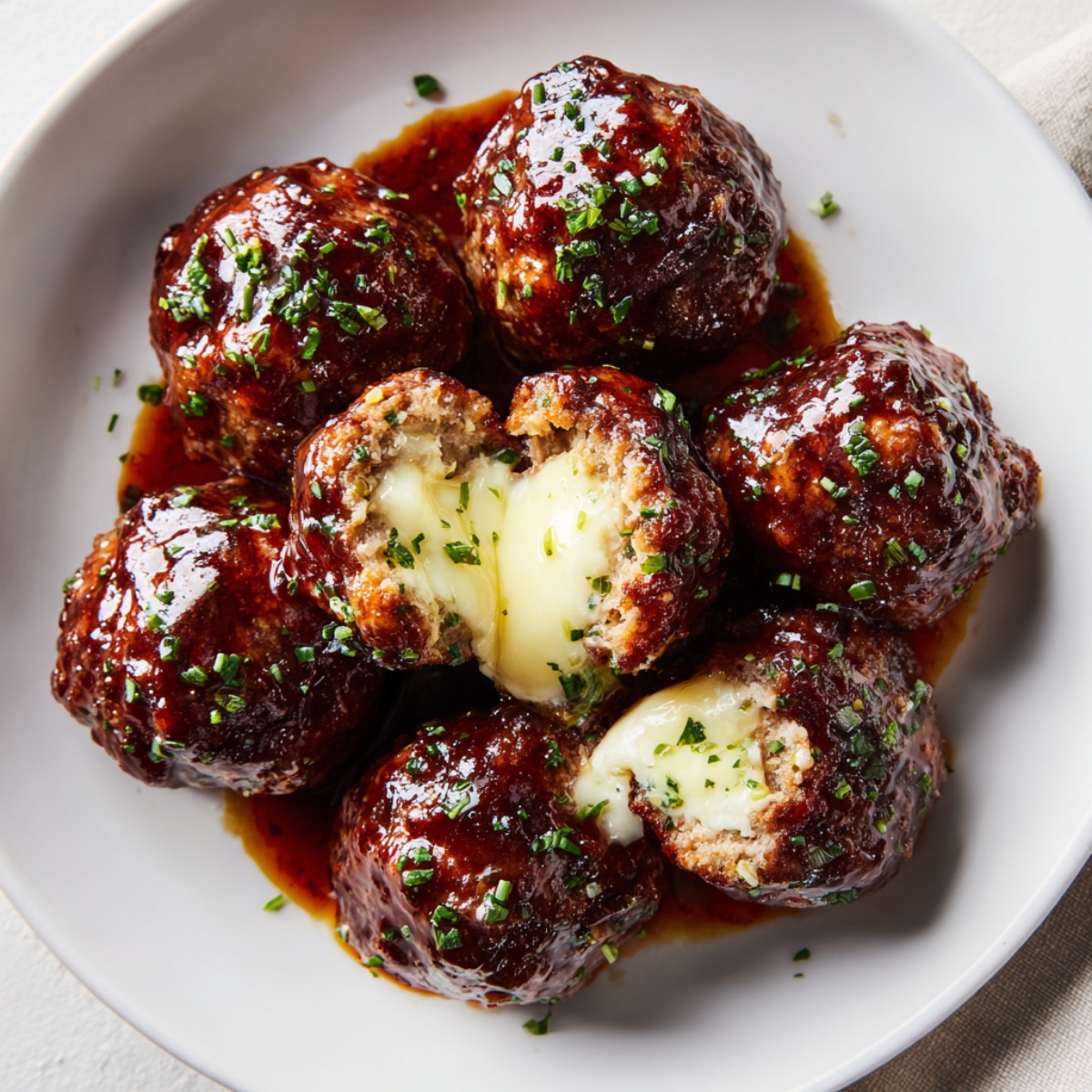 Cheese-stuffed meatballs glazed with dark barbecue sauce and sprinkled with fresh parsley on a white plate, with two cut open to show the melted mozzarella filling oozing out.