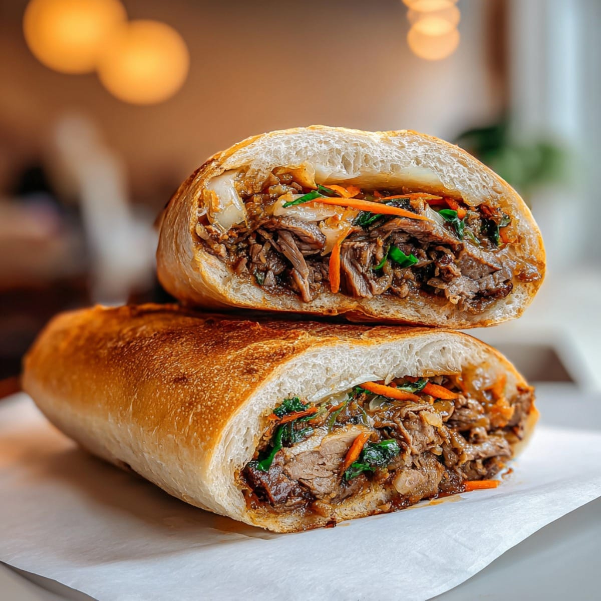 Easy spicy bulgogi cheesesteak sandwich with juicy Korean-marinated beef, carrots, greens, and sauce stuffed inside a crispy toasted hoagie roll.