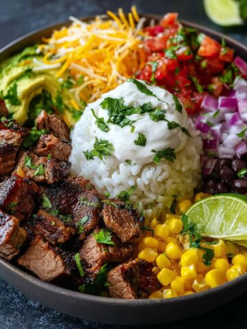 Easy steak burrito bowl with grilled sliced steak, white rice topped with sour cream and cilantro, shredded cheddar cheese, pico de gallo, diced red onions, sliced avocado, black beans, corn, and a lime wedge arranged in a dark bowl