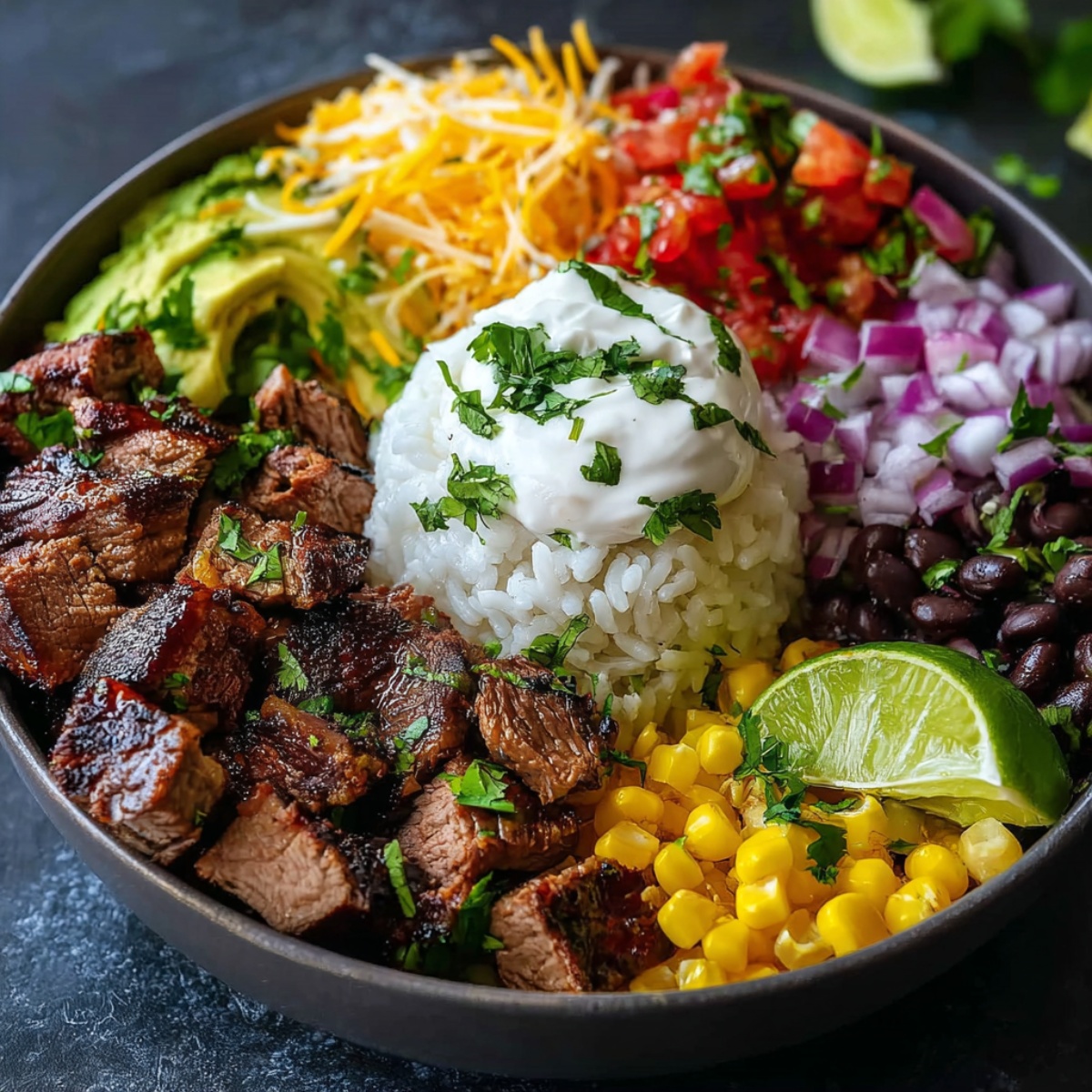 Easy steak burrito bowl with grilled sliced steak, white rice topped with sour cream and cilantro, shredded cheddar cheese, pico de gallo, diced red onions, sliced avocado, black beans, corn, and a lime wedge arranged in a dark bowl