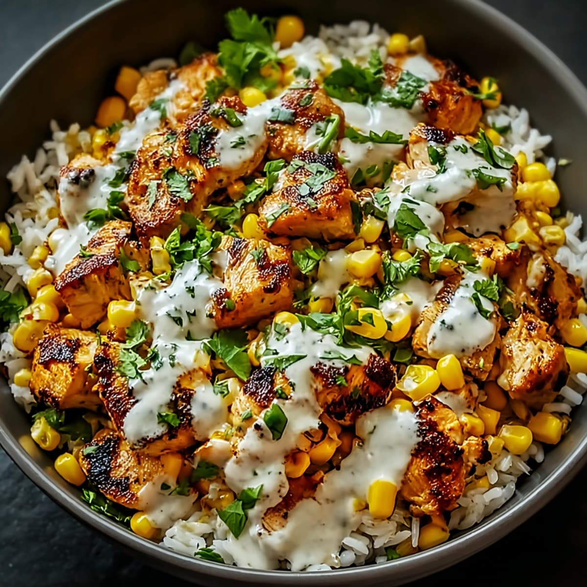Easy sticky chicken rice bowl with golden grilled chicken pieces, white rice, sweet corn, fresh herbs, and creamy sauce drizzle.