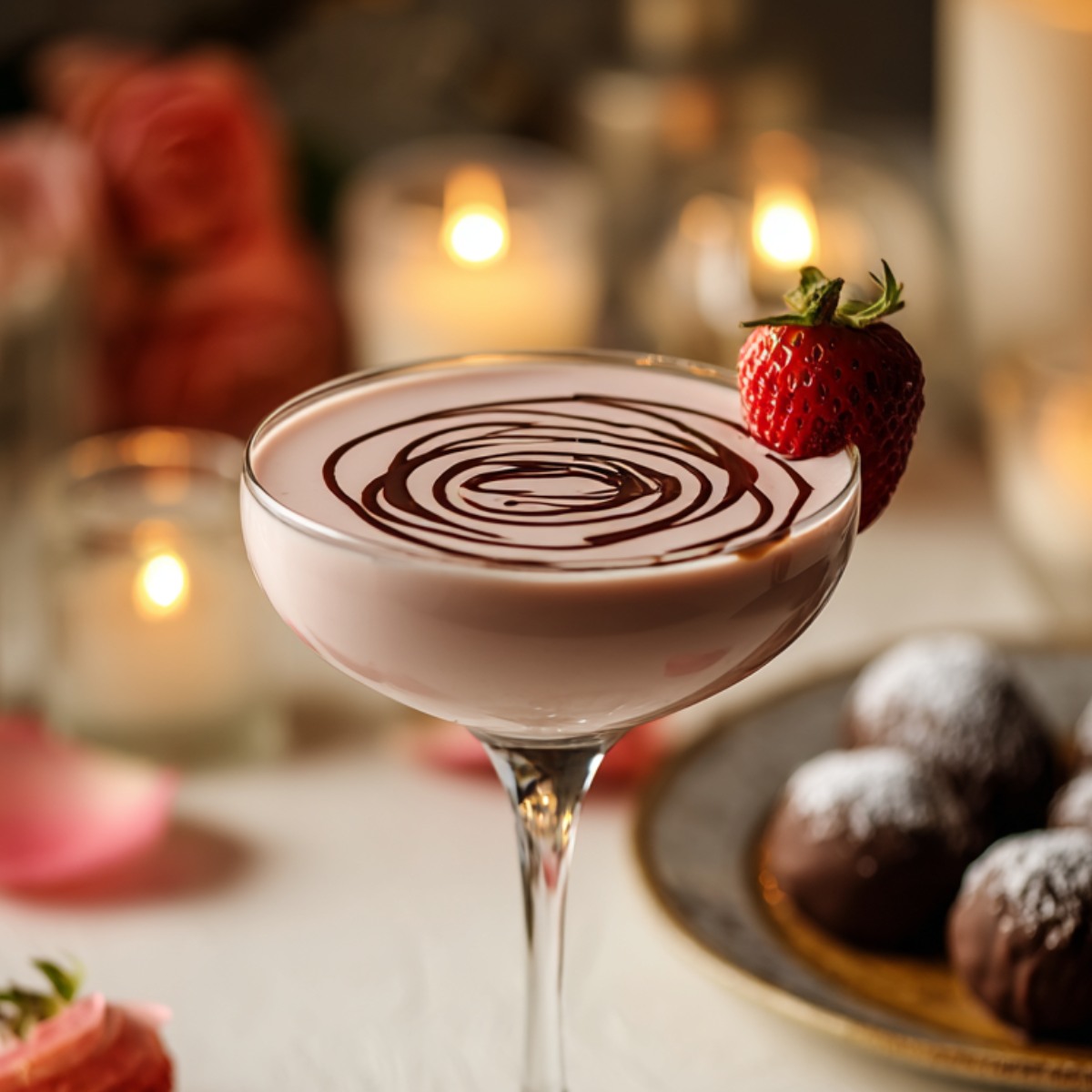 Strawberry chocolate martini in a coupe glass with creamy pink cocktail base, chocolate syrup spiral design on top, garnished with a fresh strawberry on the rim, with pink roses, chocolate truffles, and candlelight in the background