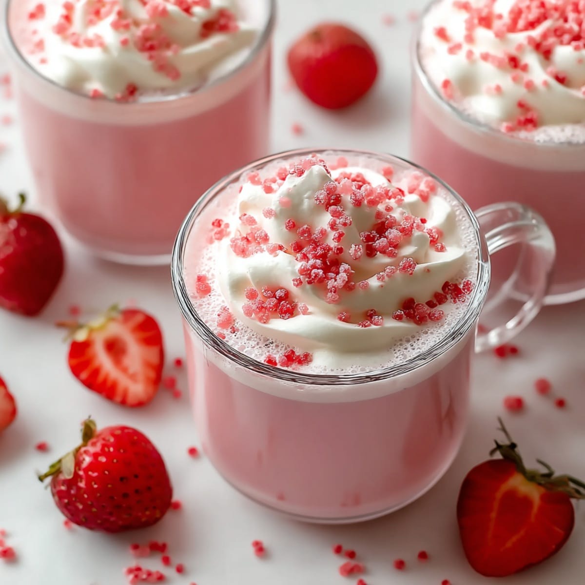 Easy strawberry hot chocolate in a clear glass mug topped with whipped cream and pink sugar sprinkles, surrounded by fresh strawberries on a white surface.