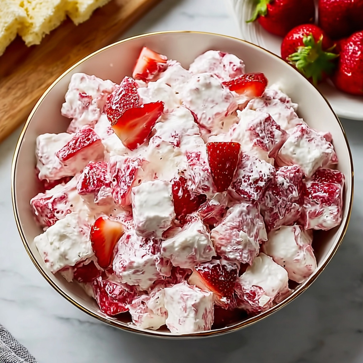 Easy strawberry shortcake fluff salad in a white bowl with gold rim, featuring sliced fresh strawberries and cubes of angel food cake or pound cake folded into sweet strawberry whipped cream, with fresh strawberries and cake visible in the background