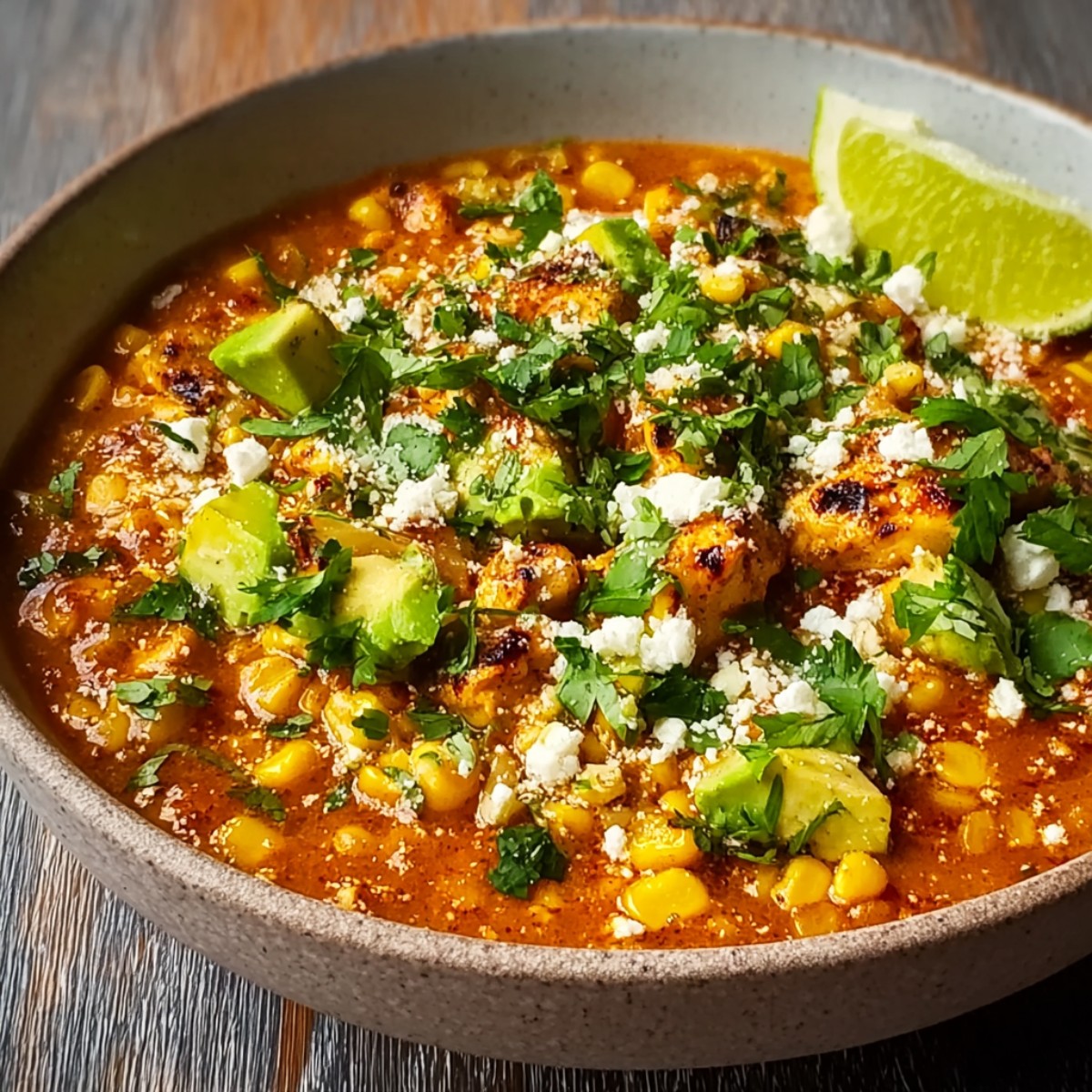 Mexican street corn chicken chili in a speckled gray bowl with charred corn kernels, shredded chicken in red tomato-based broth, topped with fresh cilantro, crumbled cotija cheese, diced avocado, chili powder, and a lime wedge.