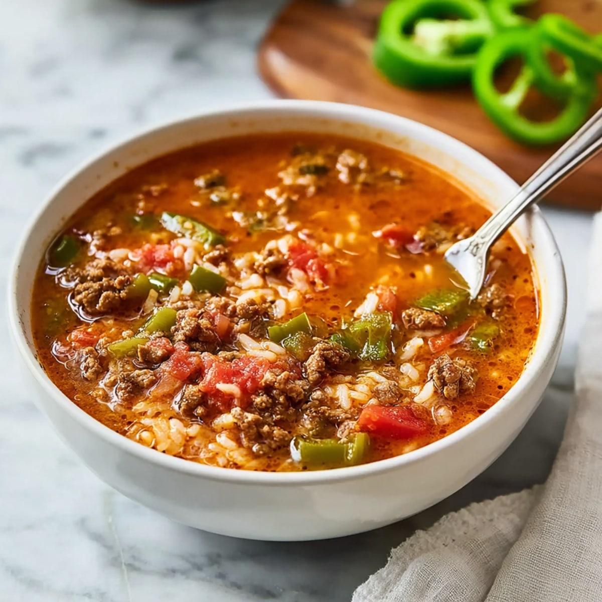 Stuffed pepper soup with ground beef, rice, tomatoes, and green bell peppers simmered in a rich, savory broth and served in a white bowl.