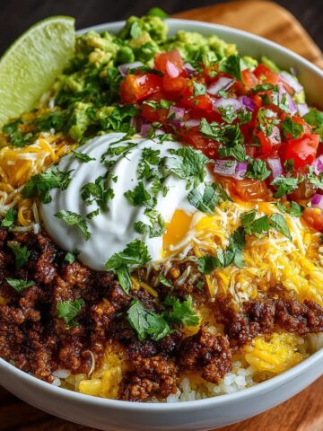 Taco rice bowl with seasoned ground beef drizzled with sour cream and hot sauce, black beans, corn, sliced jalapeños, diced tomatoes, shredded lettuce, shredded cheese, and fresh cilantro served over white rice.