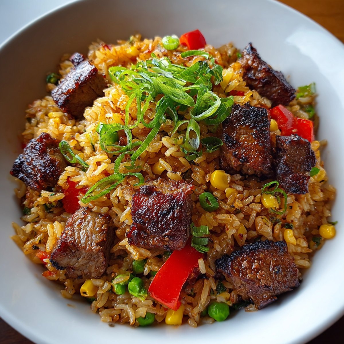 Texas Roadhouse seasoned rice with seared beef pieces, corn, peas, red bell peppers, and green onions in a white bowl.