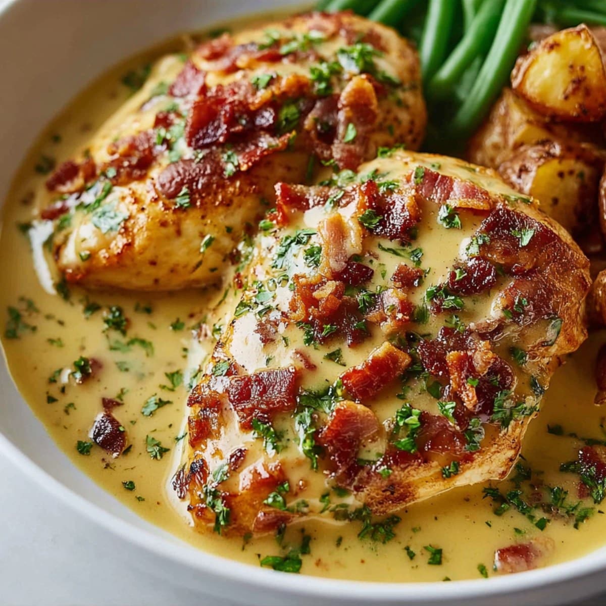 Easy Texas Roadhouse smothered chicken with bacon and creamy herb sauce