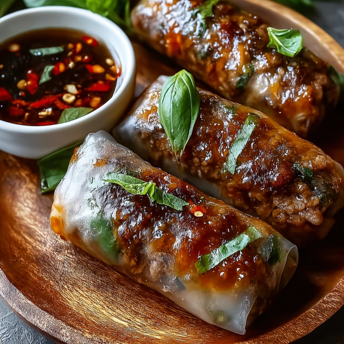Thai basil beef spring rolls with translucent rice paper wrappers showing ground beef filling and fresh Thai basil leaves inside, brushed with sweet chili glaze, served on a wooden plate with spicy Thai chili dipping sauce containing red chili flakes and garlic