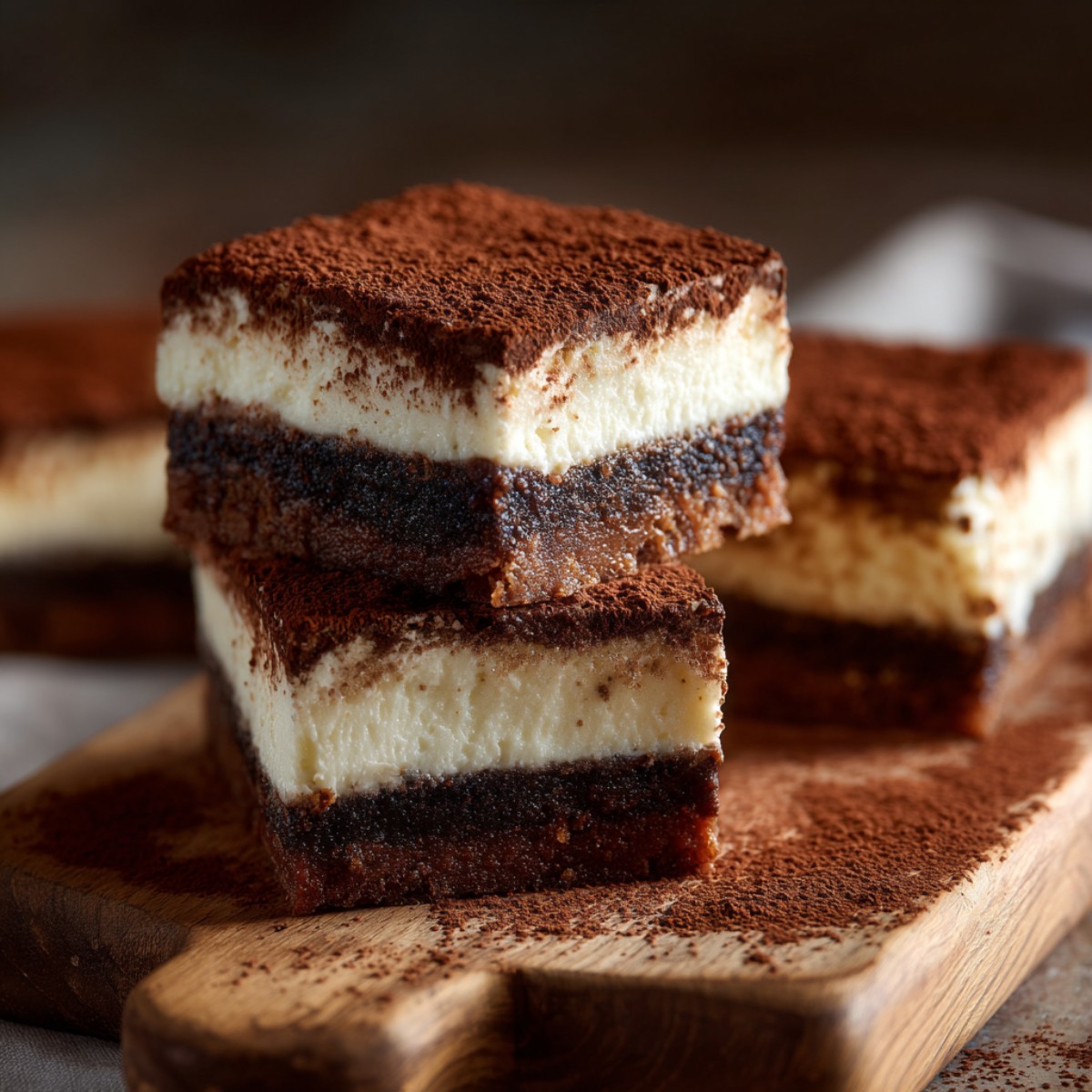 Stacked tiramisu brownie bars on a wooden board displaying layers of dark chocolate brownie, coffee-soaked cake, creamy mascarpone filling, and generous cocoa powder topping.