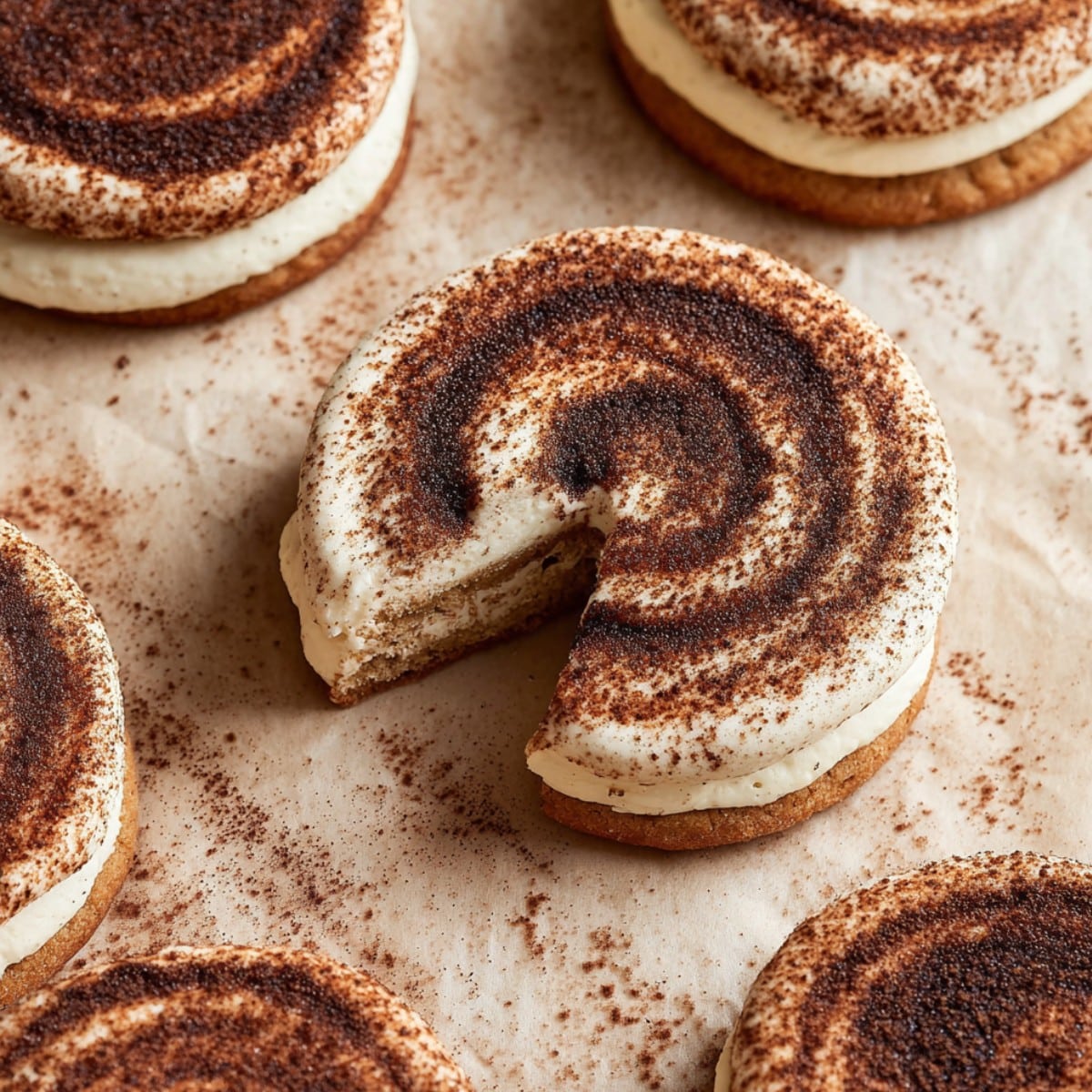 Easy tiramisu cookies with creamy mascarpone filling and cocoa dusting
