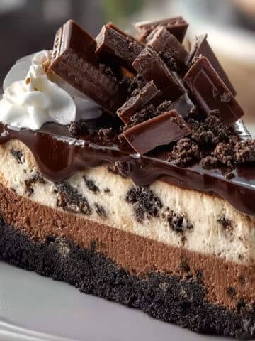 Triple chocolate cheesecake slice with Oreo cookie crust, creamy chocolate cheesecake layers, rich chocolate ganache topping, whipped cream, and chocolate chunks on a white plate.