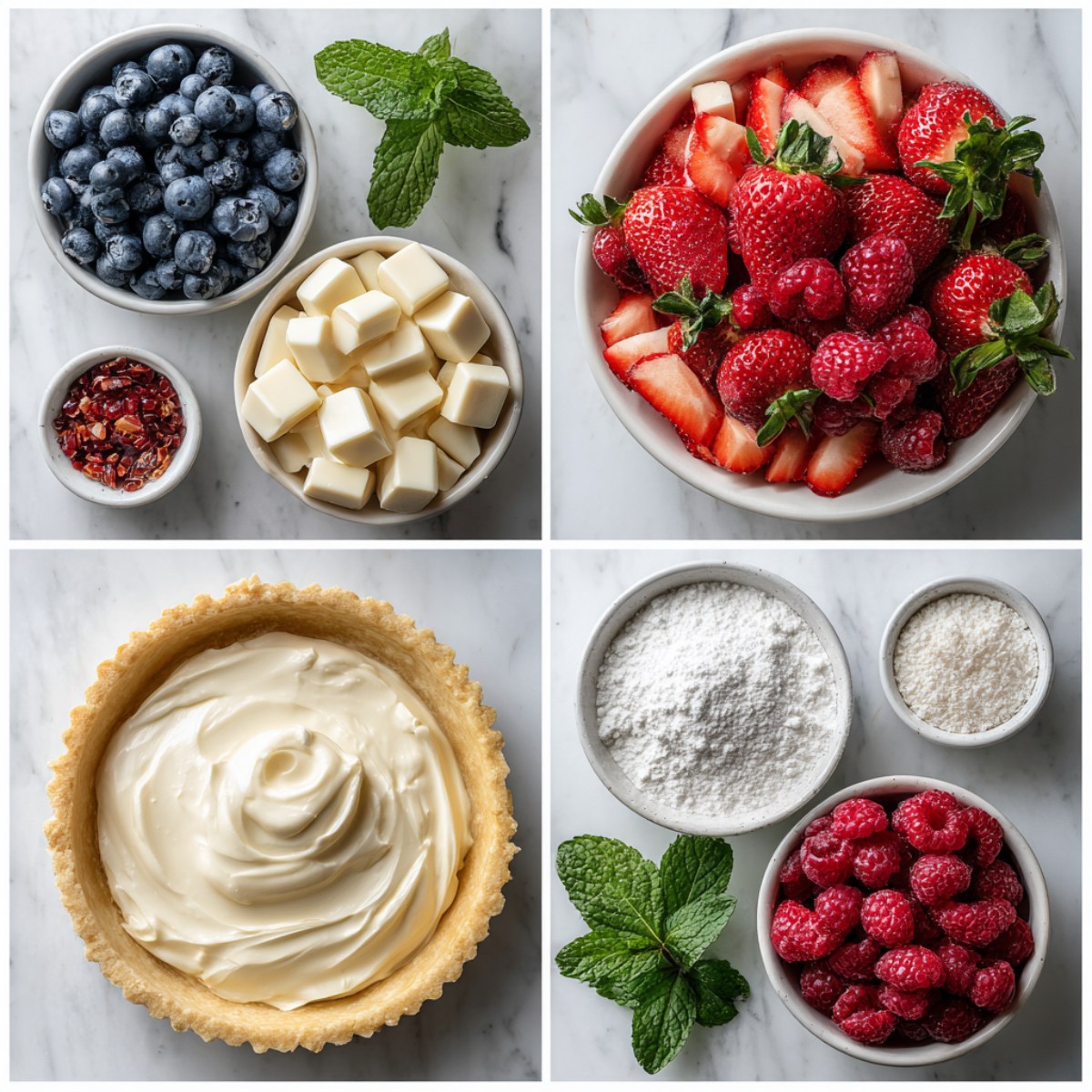 Four-image grid showing fruit tart ingredients arranged on a white marble kitchen surface, including fresh berries, pastry cream, white chocolate chunks, powdered sugar, mint leaves, and a golden tart crust in a clean overhead flat-lay.