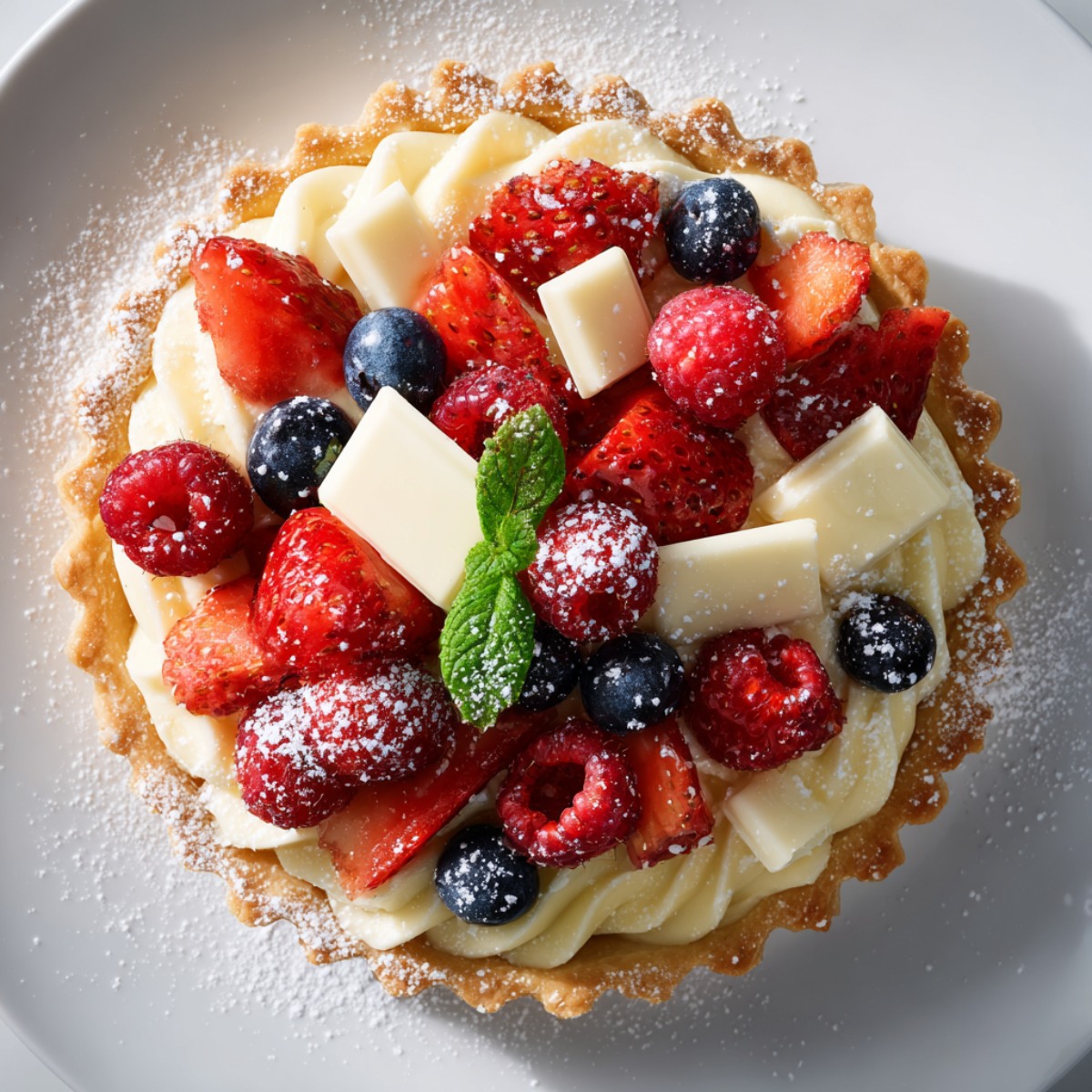 White chocolate mousse tart in a fluted pastry shell with piped white chocolate mousse, topped with fresh strawberries, raspberries, blueberries, white chocolate pieces, mint leaf, and dusted with powdered sugar on a white plate.