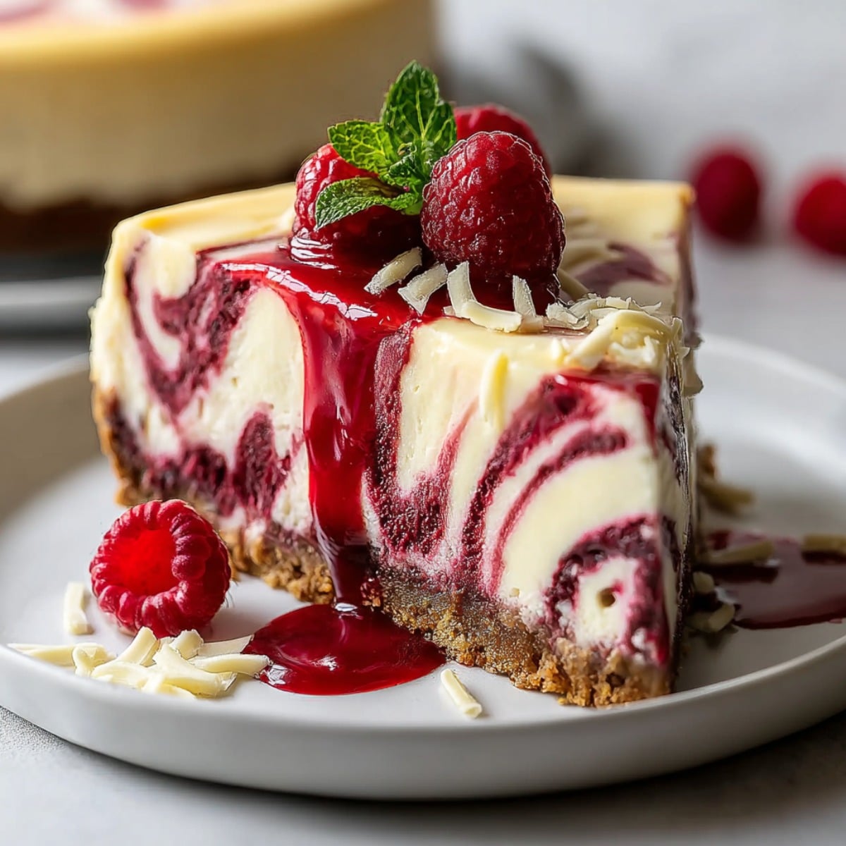 Slice of white chocolate raspberry swirl cheesecake with a buttery crumb crust, creamy marbled filling, fresh raspberries, and glossy raspberry sauce dripping over the top.