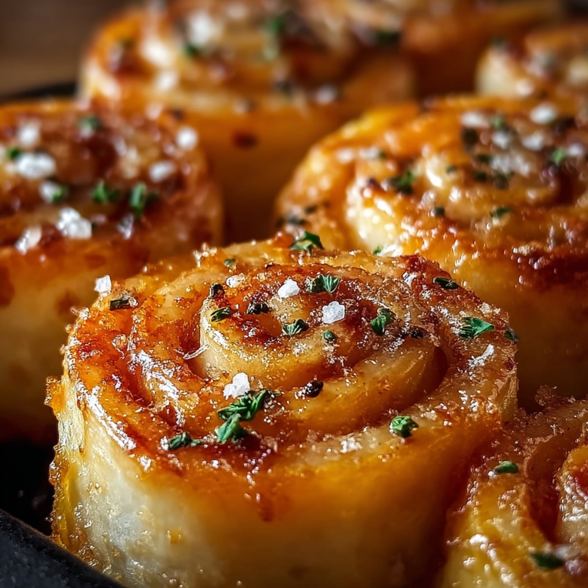 Garlic parmesan pizza rolls baked until golden brown, with crispy edges, melted cheese centers, and a buttery herb topping sprinkled with flaky salt.