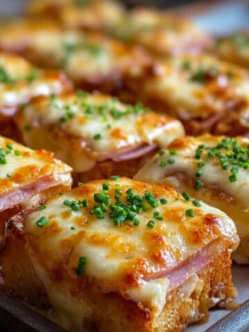 Eggs Benedict casserole squares topped with melted cheese and chopped chives, featuring layers of toasted bread, ham, and creamy sauce baked until golden in a close-up serving tray view.