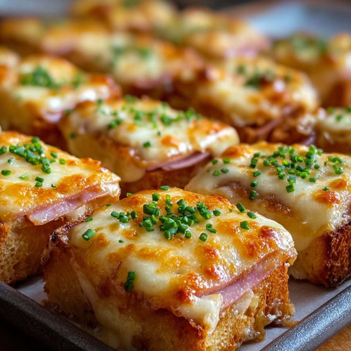 Eggs Benedict casserole squares topped with melted cheese and chopped chives, featuring layers of toasted bread, ham, and creamy sauce baked until golden in a close-up serving tray view.