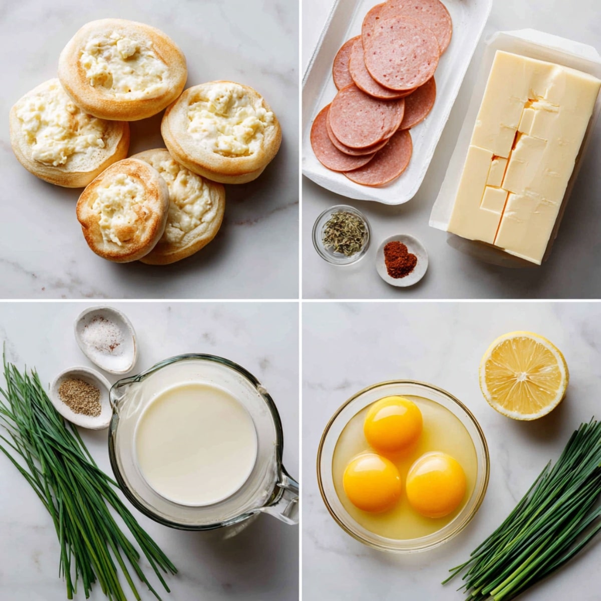 Ingredients for Eggs Benedict Casserole arranged in a 4-panel flat lay on a white marble kitchen counter.