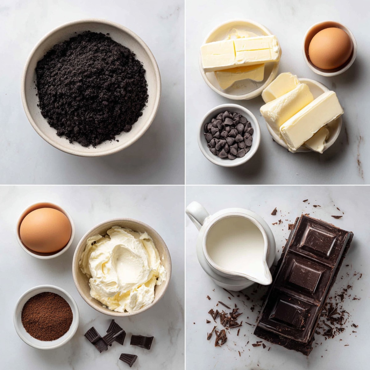 Ingredients for Espresso Cheesecake arranged in a 4-panel flat lay on a white marble kitchen counter.