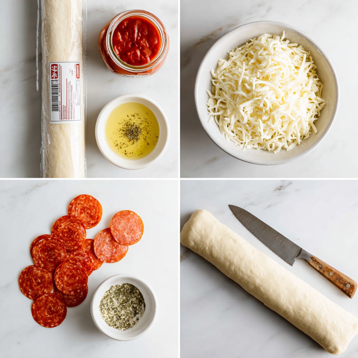 Ingredients for Flaky Pepperoni Pizza Rolls arranged in a 4-panel flat lay on a white marble kitchen counter.