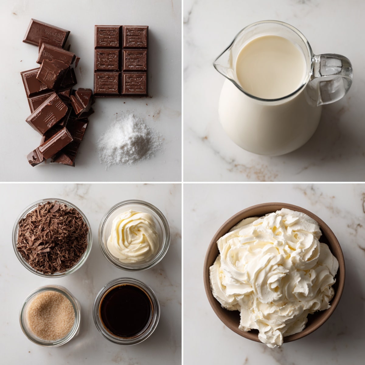 Ingredients for French hot chocolate arranged in a 4-panel flat lay on a white marble kitchen counter.
