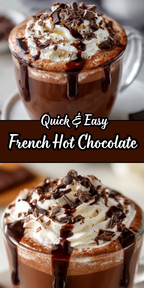 French hot chocolate topped with whipped cream, chocolate shavings, and rich chocolate drizzle in a clear glass mug, shown in a vertical recipe pin.