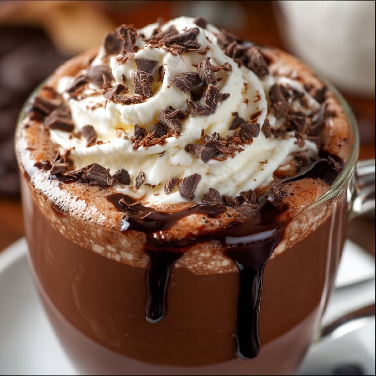 Rich French hot chocolate in a clear glass mug, topped with whipped cream, chocolate shavings, and glossy chocolate syrup dripping down the sides.