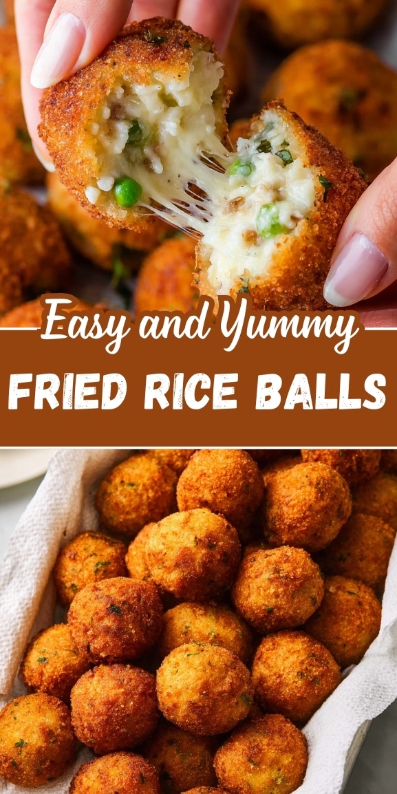 Pinterest pin featuring crispy fried rice balls with a golden breadcrumb coating, pulled open to show a gooey, cheesy center with peas, served as an easy and delicious appetizer or snack.