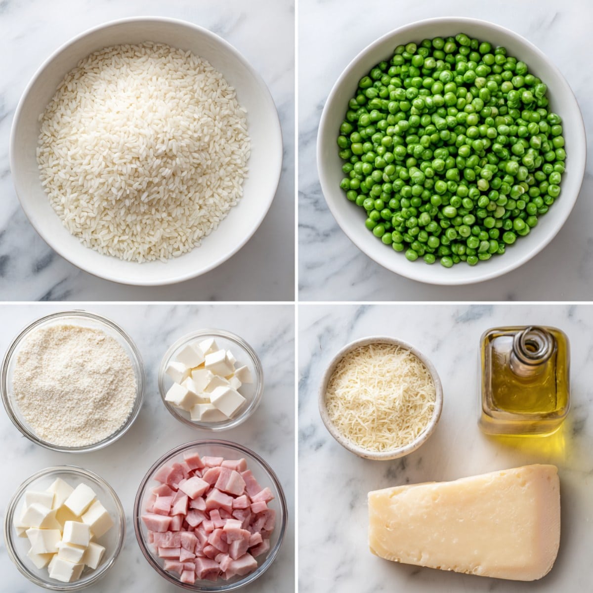 Ingredients for Fried Rice Balls arranged in a 4-panel flat lay on a white marble kitchen counter.