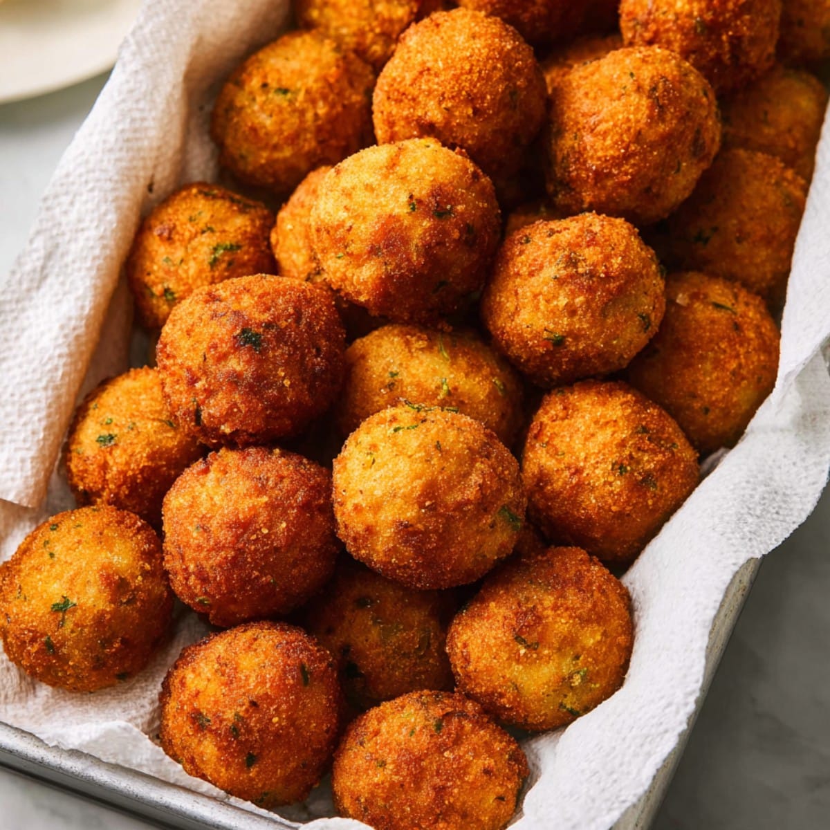Crispy fried rice balls with a golden, crunchy coating, piled in a paper-lined basket and freshly cooked until perfectly browned and crunchy.
