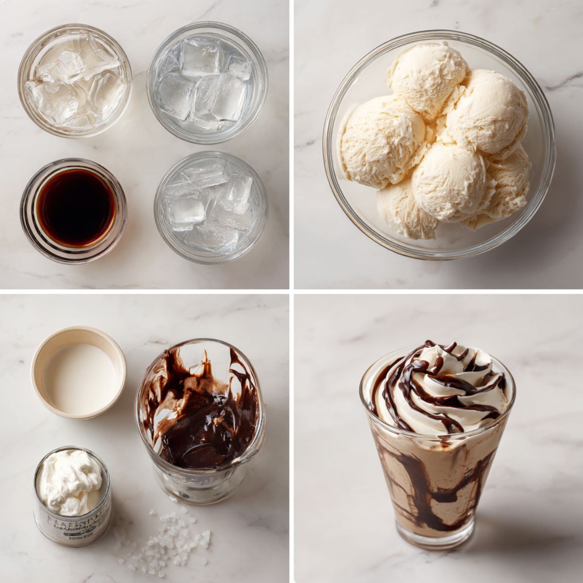 Ingredients for Frozen Mudslides arranged in a 4-panel flat lay on a white marble kitchen counter.