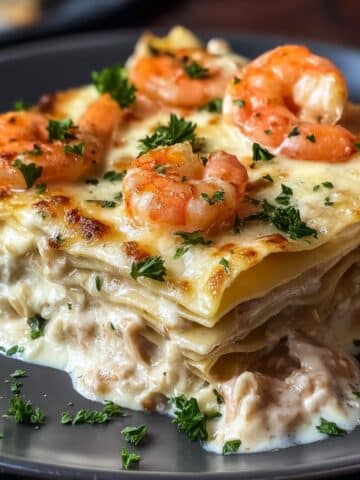 Creamy garlic butter shrimp scampi lasagna layered with tender lasagna noodles, cheesy white sauce, juicy shrimp, and fresh parsley, served warm on a dark plate.