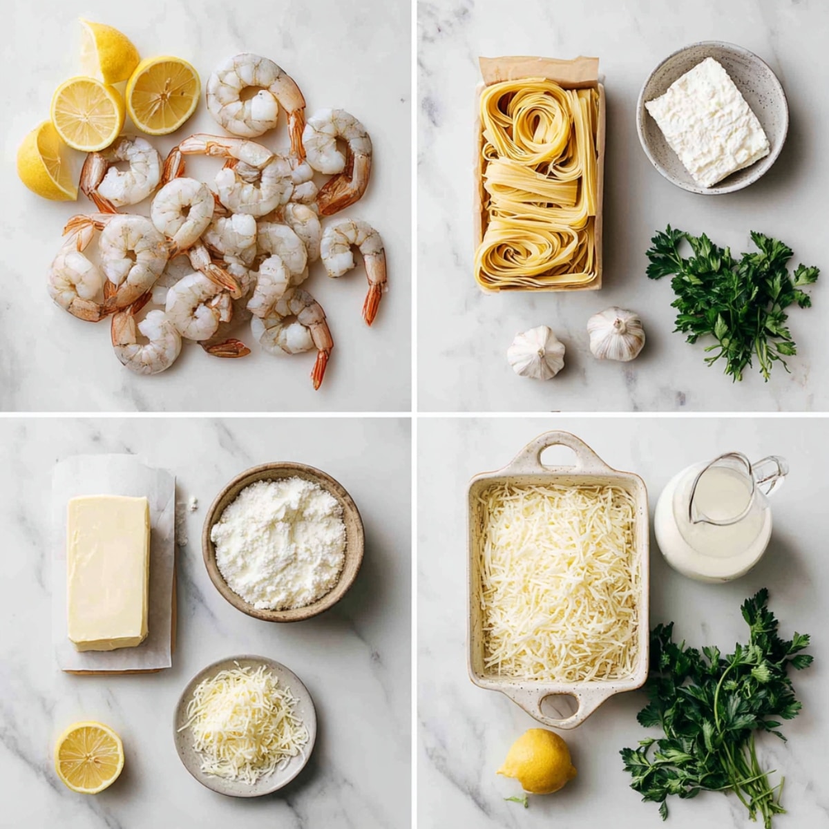 Ingredients for garlic butter shrimp scampi lasagna arranged in a 4-panel flat lay on a dark slate kitchen counter.