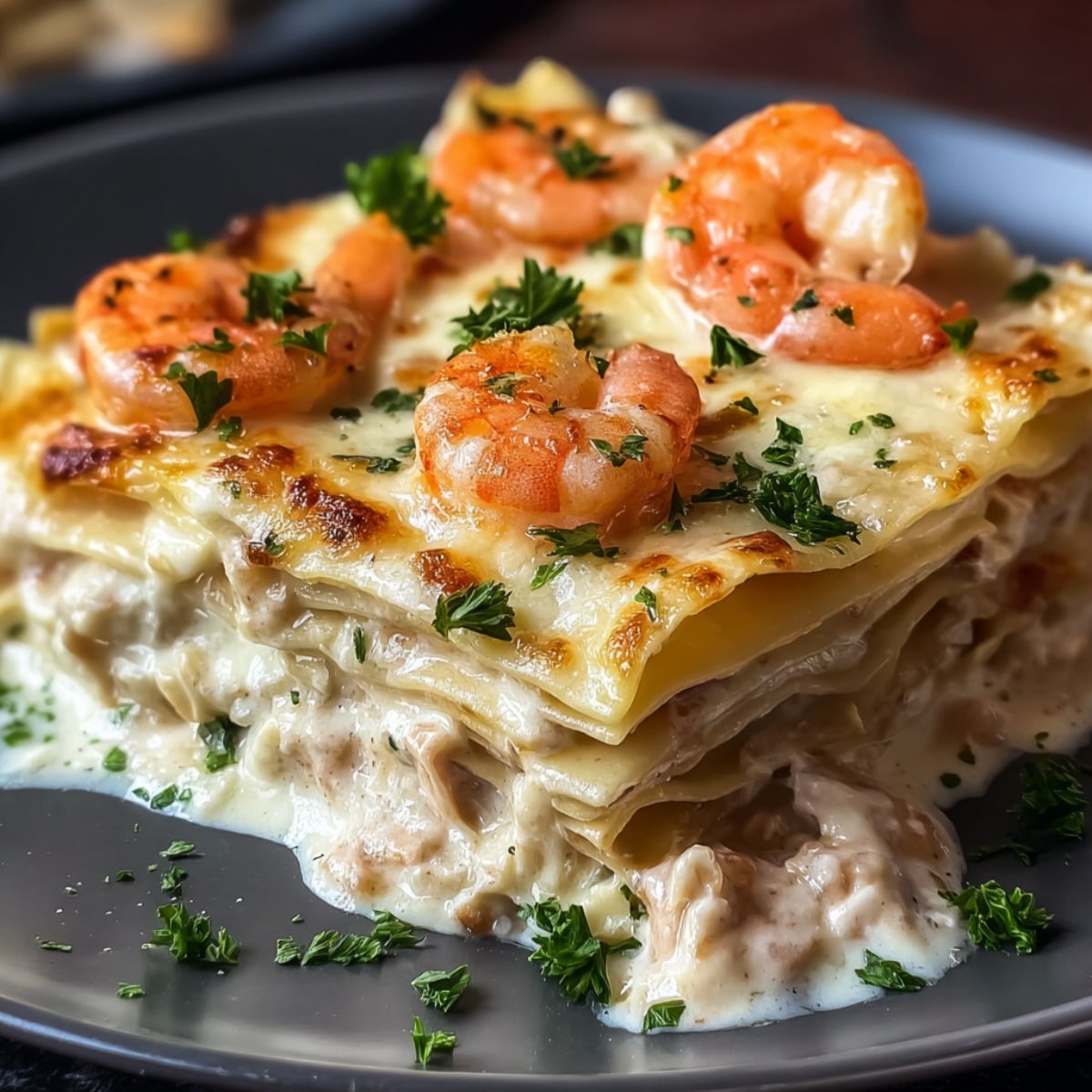 Creamy garlic butter shrimp scampi lasagna layered with tender lasagna noodles, cheesy white sauce, juicy shrimp, and fresh parsley, served warm on a dark plate.