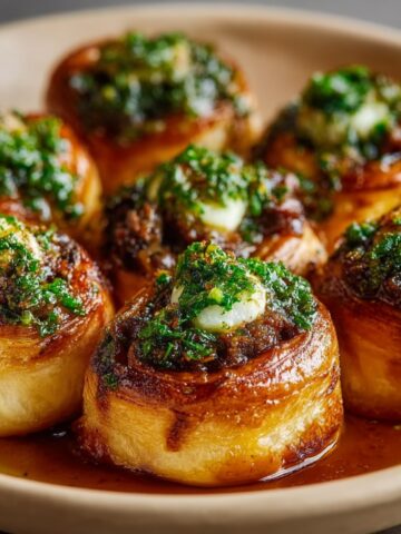 Golden-brown garlic parmesan cheeseburger bombs with flaky pastry exterior, filled with seasoned beef and melted cheese, topped with vibrant green garlic herb butter, arranged on a white plate in savory sauce.